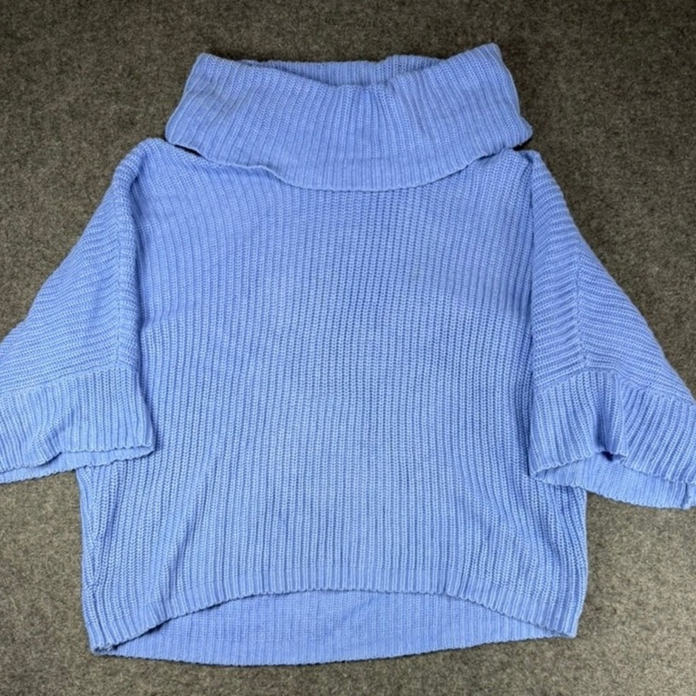 Chico's Women's Size 3‎ Blue Knit Sweater Wide Cowl Neck 3/4 Sleeve Relaxed